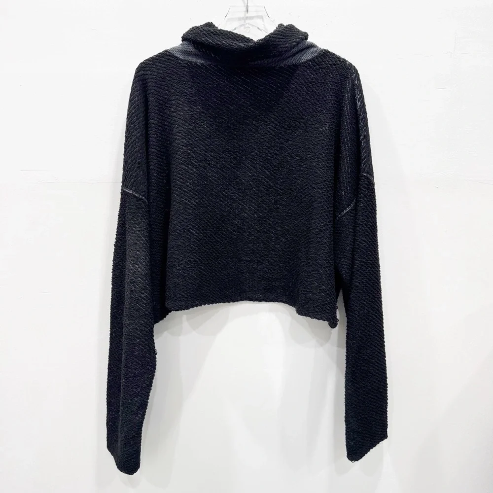 Free People Turtleneck Crop Knit Wide Sleeve Sweater Top Black Gray X-Small